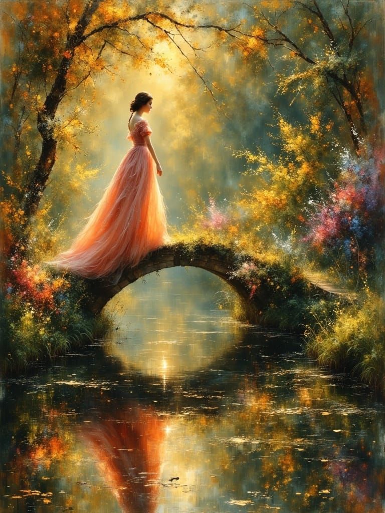 Elegant Victorian Lady in Pink and Gold Dress on Bridge