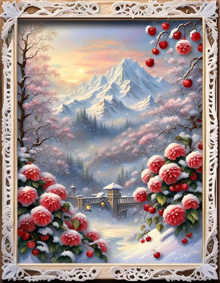 Winter Landscape in Vintage Lace Frame