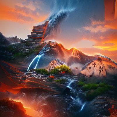 Fantasy Waterfall Sunset: Detailed Matte Painting