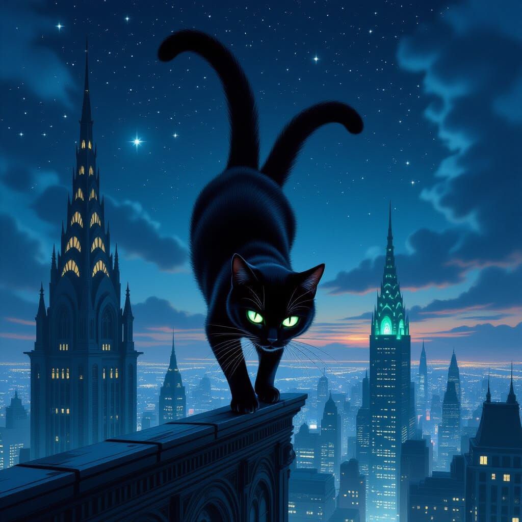 Agile Black Cat Somersaults on Gothic Skyscraper