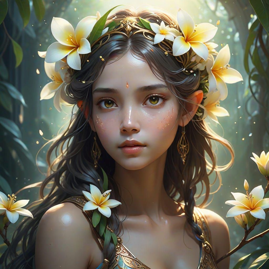 Ethereal Frangipani Fairy Portrait in Art Nouveau Style
