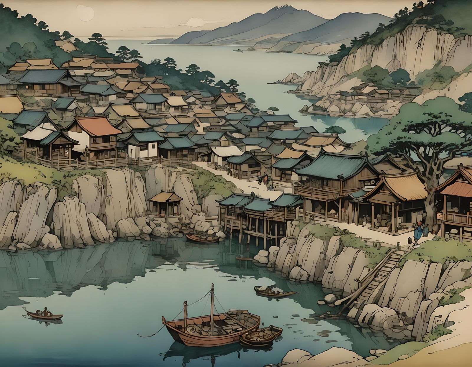 Idyllic Ancient Japanese Fishing Village Illustration