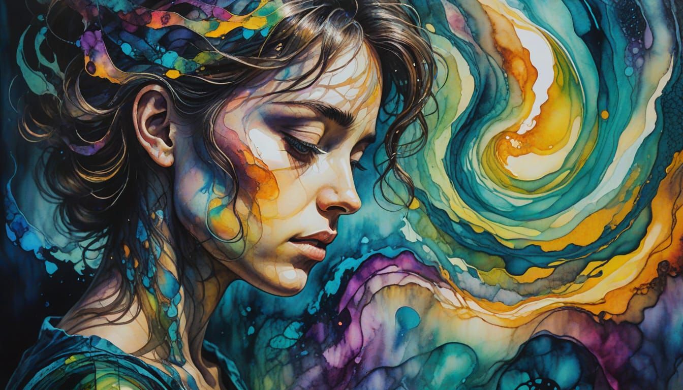 Introspective Abstract Portrait with Swirling Ink Patterns