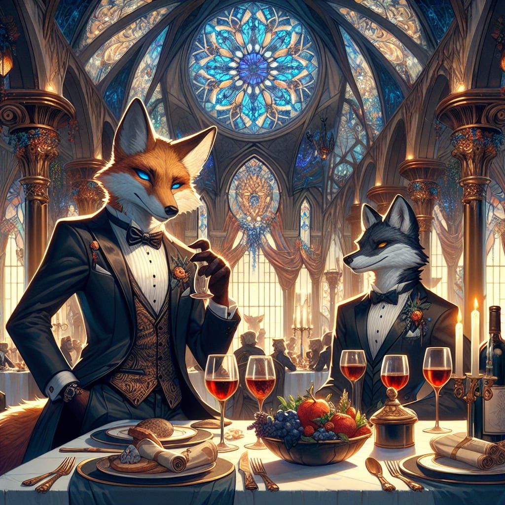Anthropomorphic Fox in Tuxedo at Fantasy Dinner Party