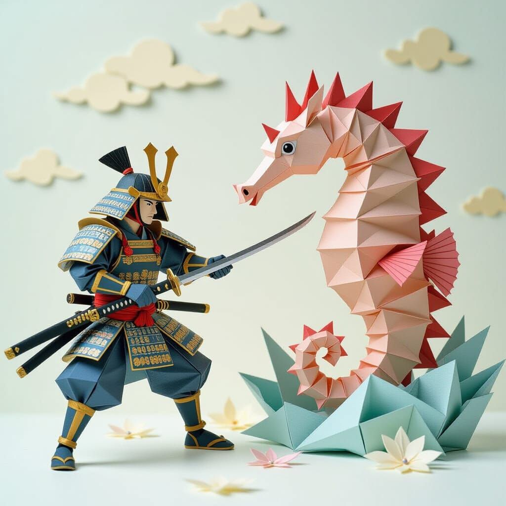 Origami Samurai vs Seahorse in Watercolor Style