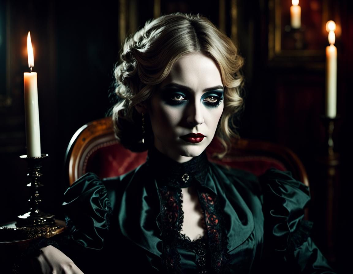 Macabre Portrait: Woman in Victorian Parlor, Noir Style