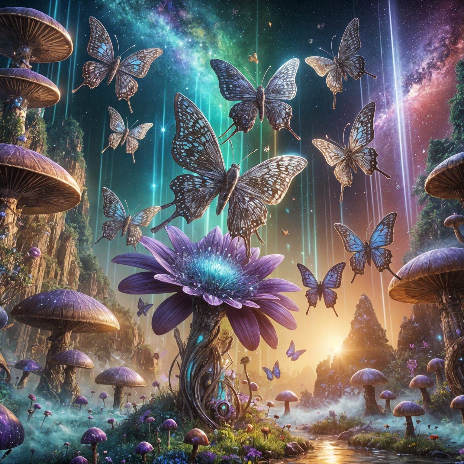 Surreal Cosmic Dance of Mechanical Butterflies in a Whimsica...