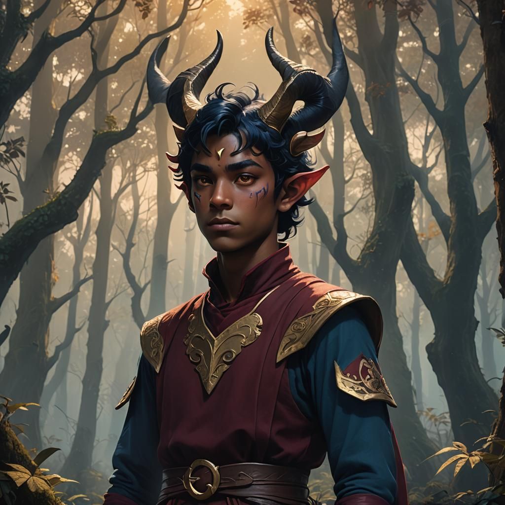 Tiefling Boy in Misty Forest: Fantasy Illustration