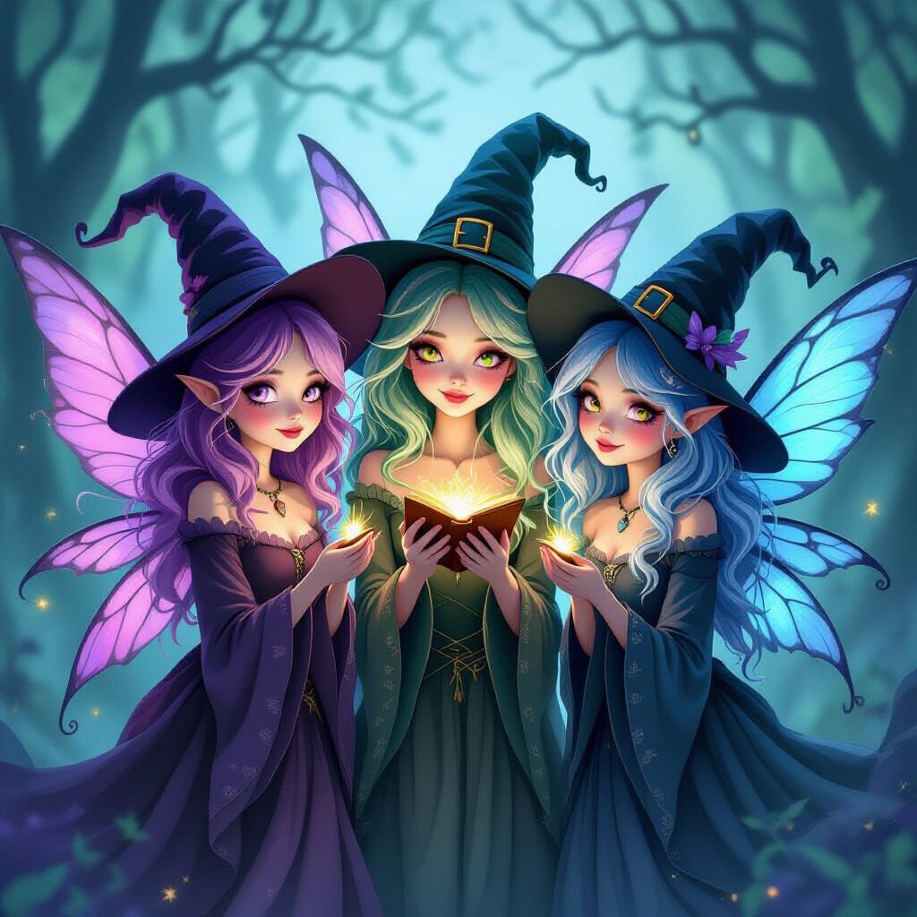 Cute Spooky Witches With Fairy Wings and Colorful Hair
