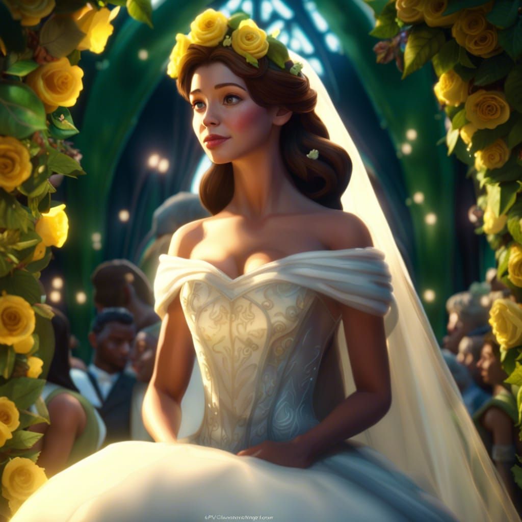 Gorgeous Princess Belle in a wedding gown and veil completely made of real flowers, leaves and vines at the enchanted fo...
