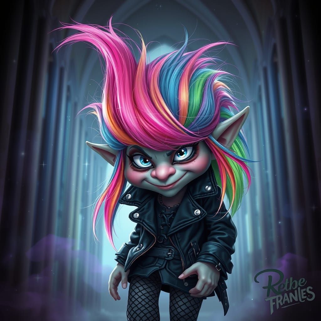 Rainbow Punk Troll in Gothic Cathedral, Digital Art