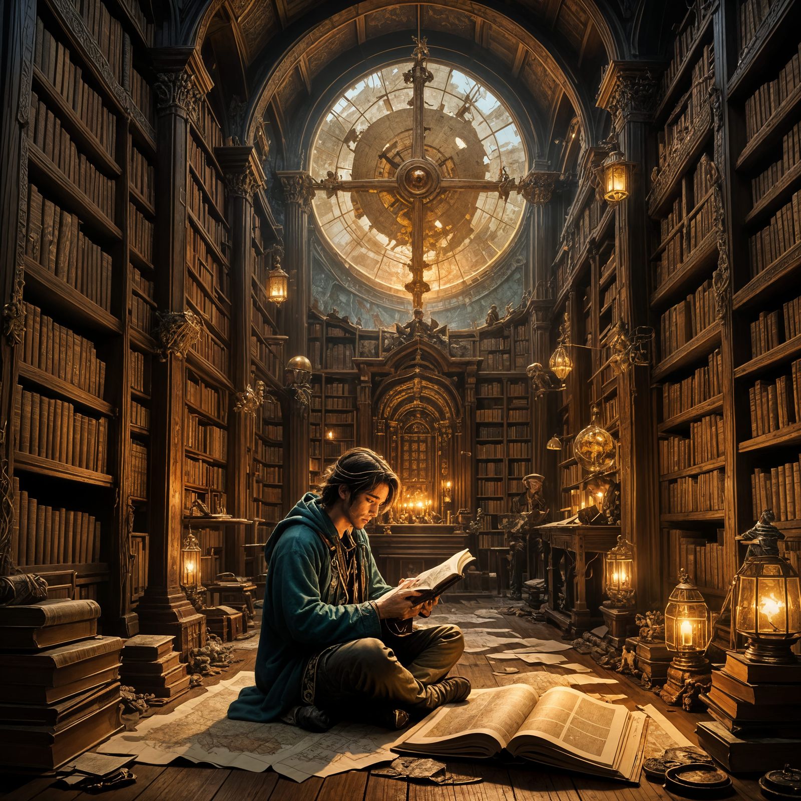 Vintage Library Scene with Intense Focus on Young Scholar