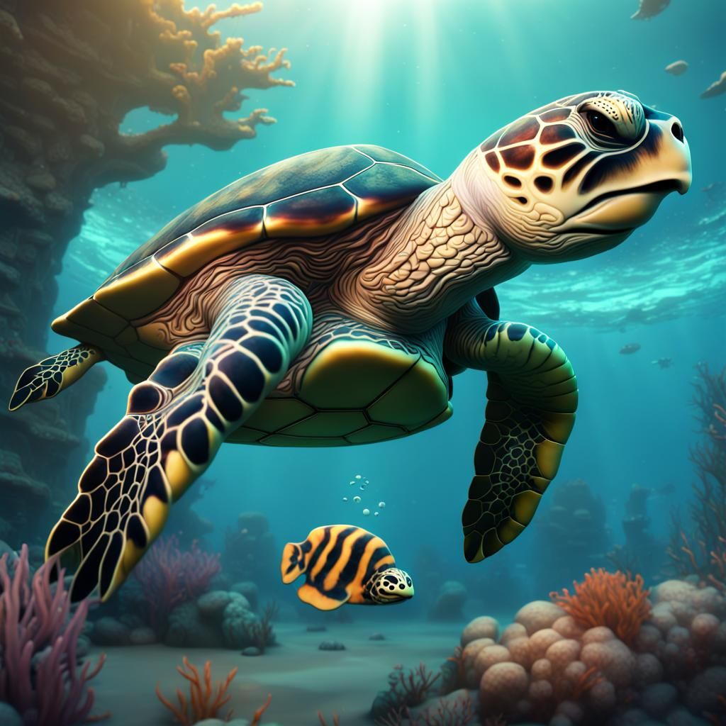Chibi Sea Turtle Swimming: Detailed Digital Art