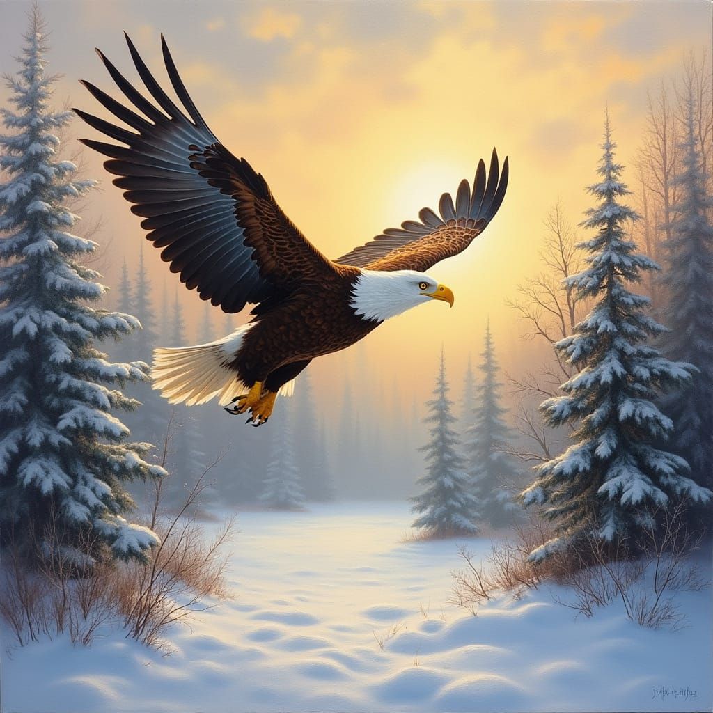 Eagle Soaring Over Snowy Landscape, Oil Painting