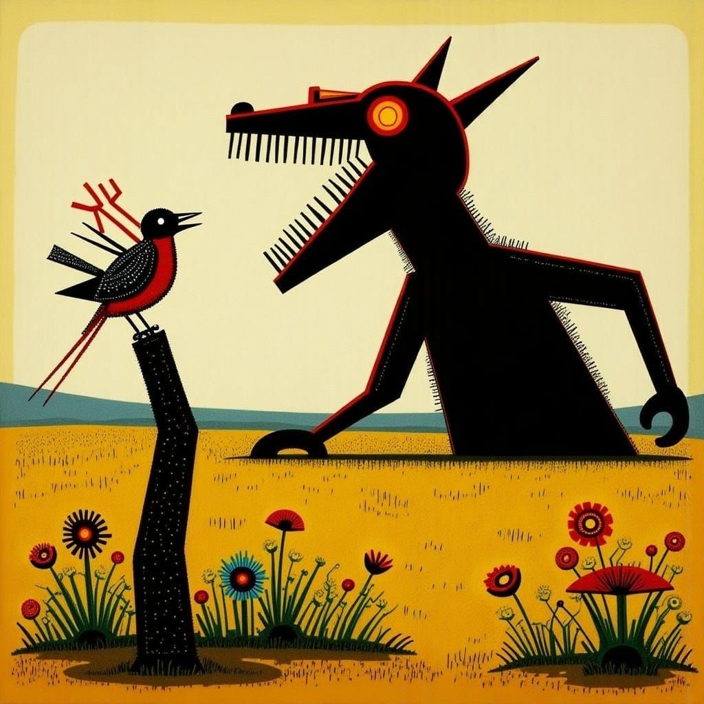 Whimsical Songbird in Dinosaur Shadow, in a Fantastical Mann...