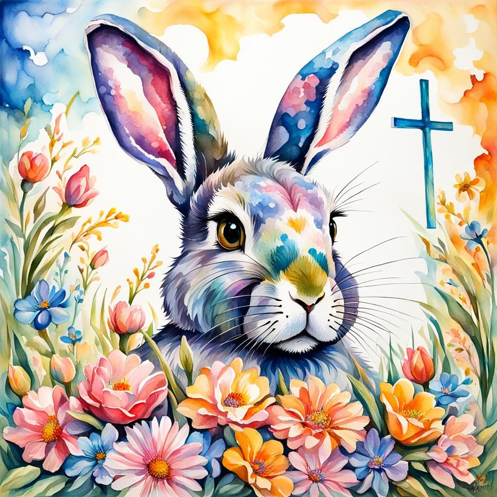 Detailed Easter Bunny and Cross in Gouache Style