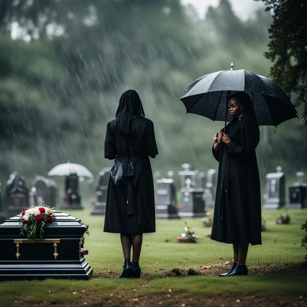 Mourning Women at Rainy Graveside Funeral