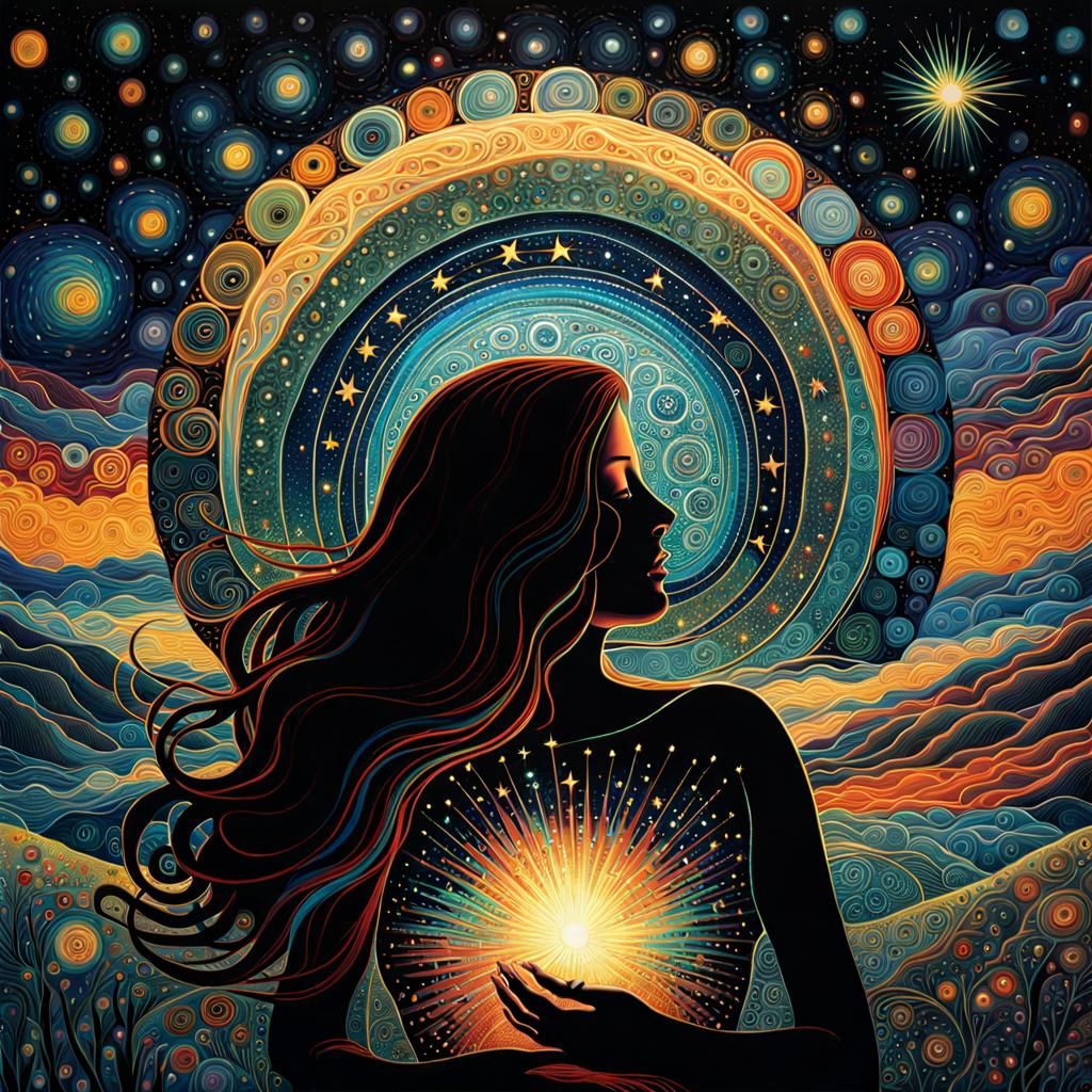 Mother and Child Under Bioluminescent Starry Sky