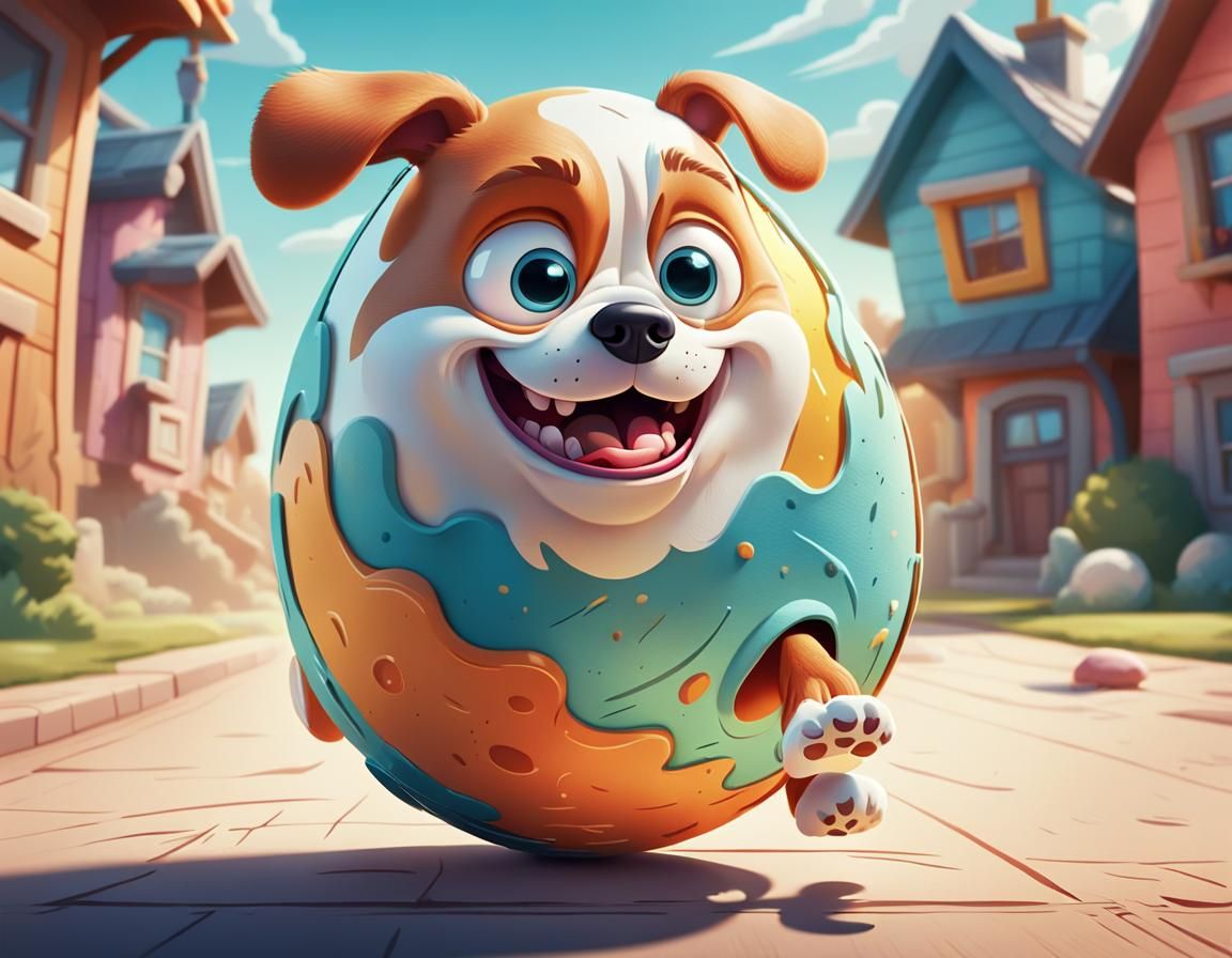 Furious Egg Escapes Puppy in Cartoon Style