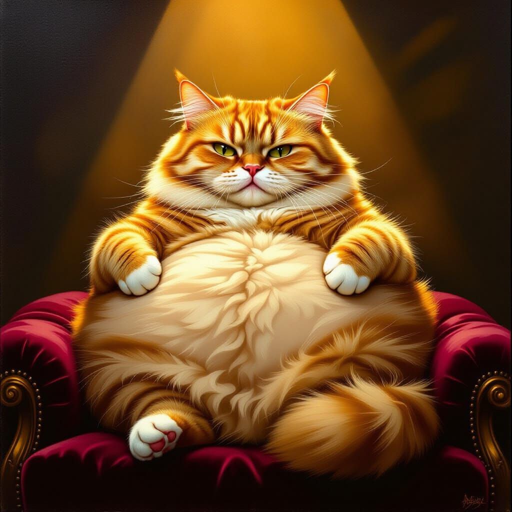 Fat Ginger Cat on Velvet Cushion in Dutch Golden Age Style