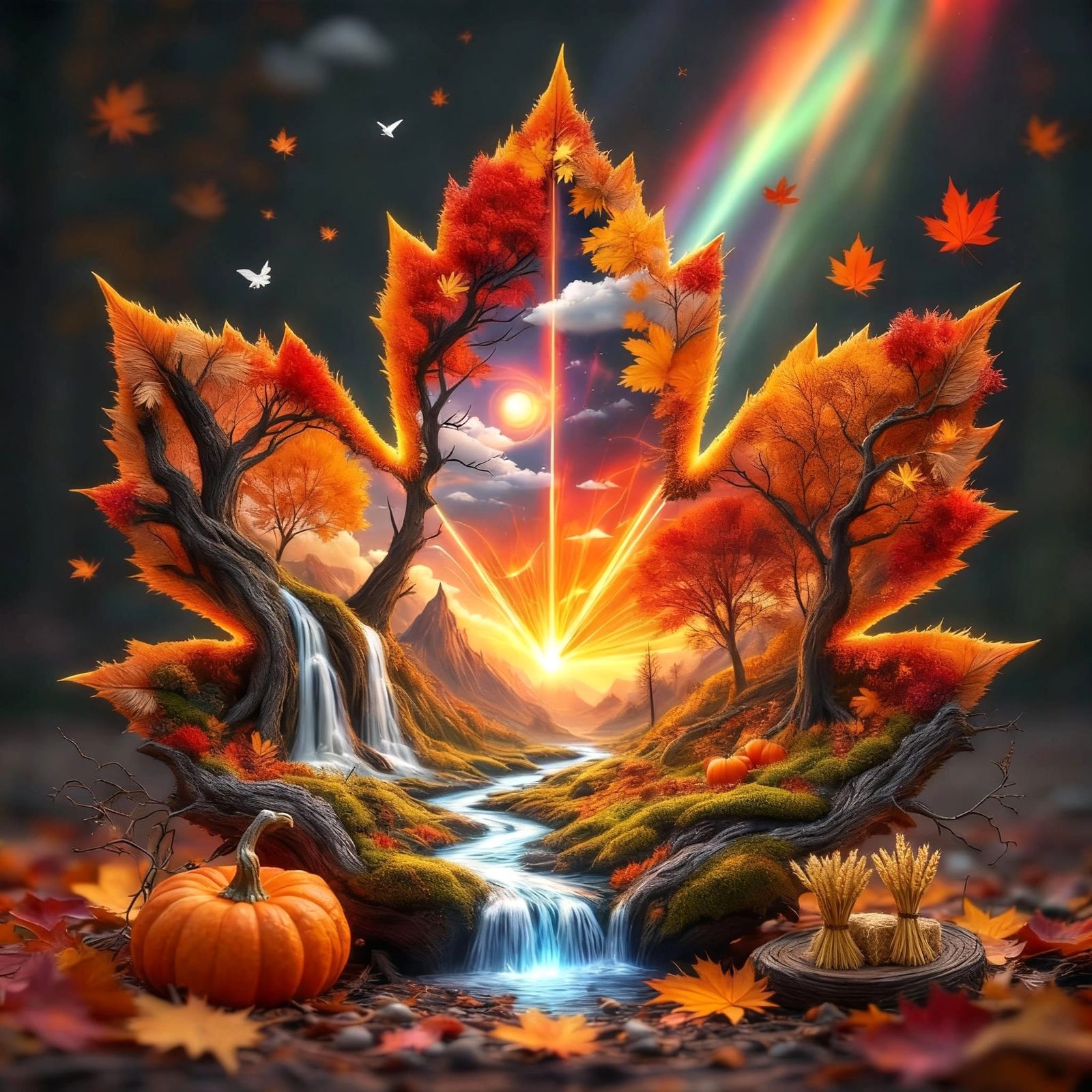 Magical Autumn Ecosystem in Luminous Leaf Prism