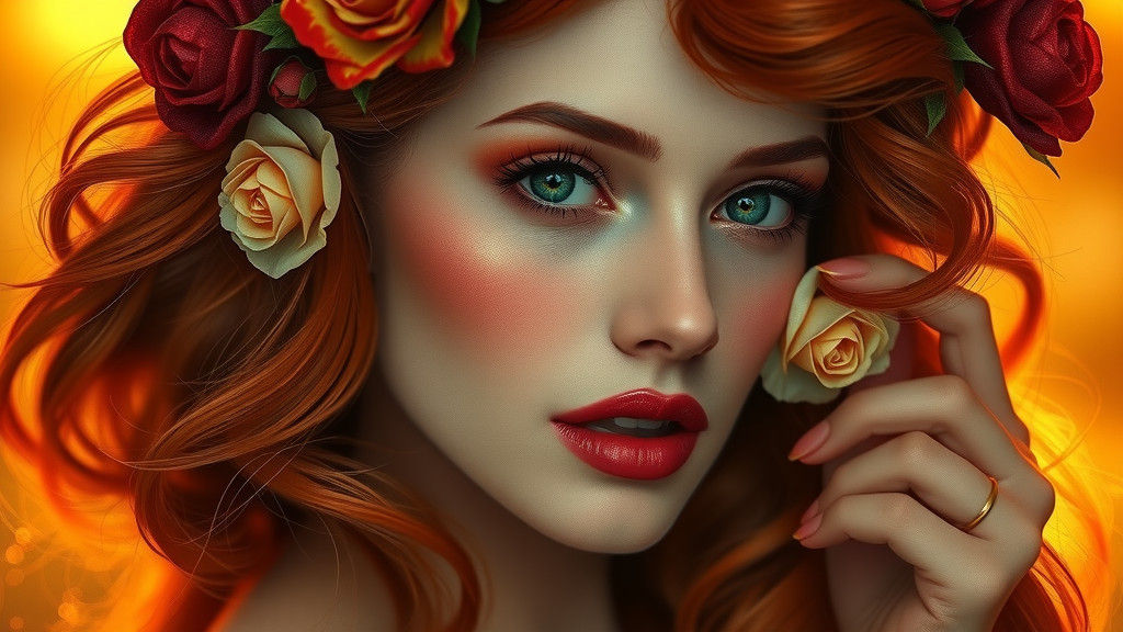 Ravishing Woman with Red Hair and Roses