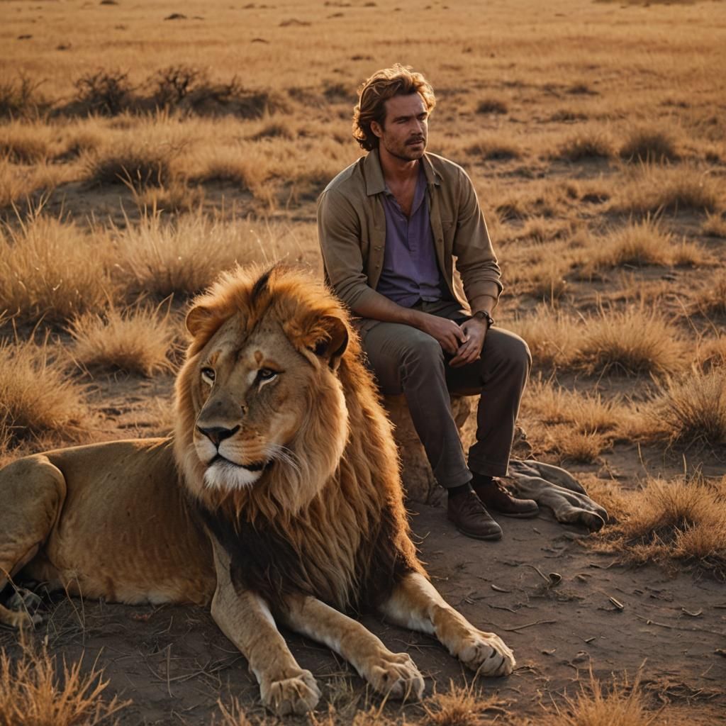 Men Sit Majestically on a Lion in a Sunset Savannah