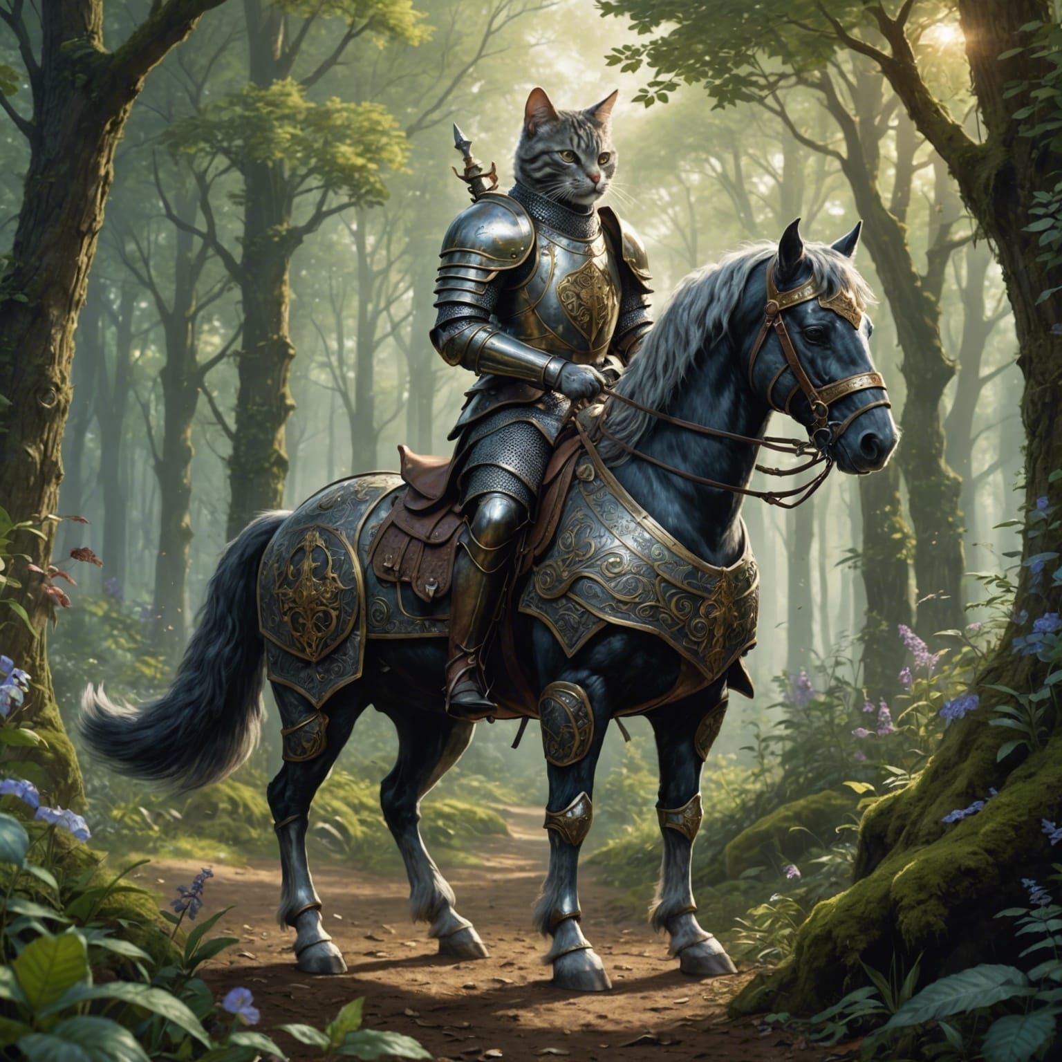 Armored Cat Knight Rides Through Magical Forest