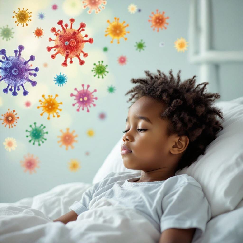 Sick Child Resting Amidst Colorful Germs