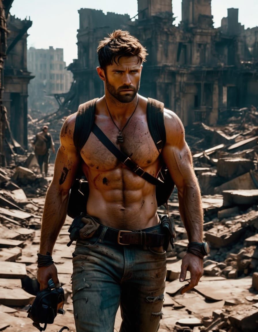 Rugged Archaeologist in Post-Apocalyptic Ruins