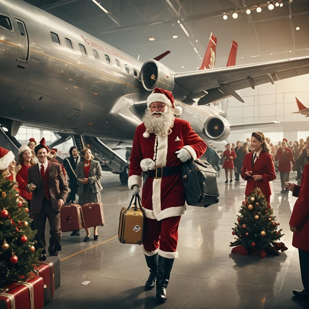 Santa Claus Boards Airplane with Christmas Tree