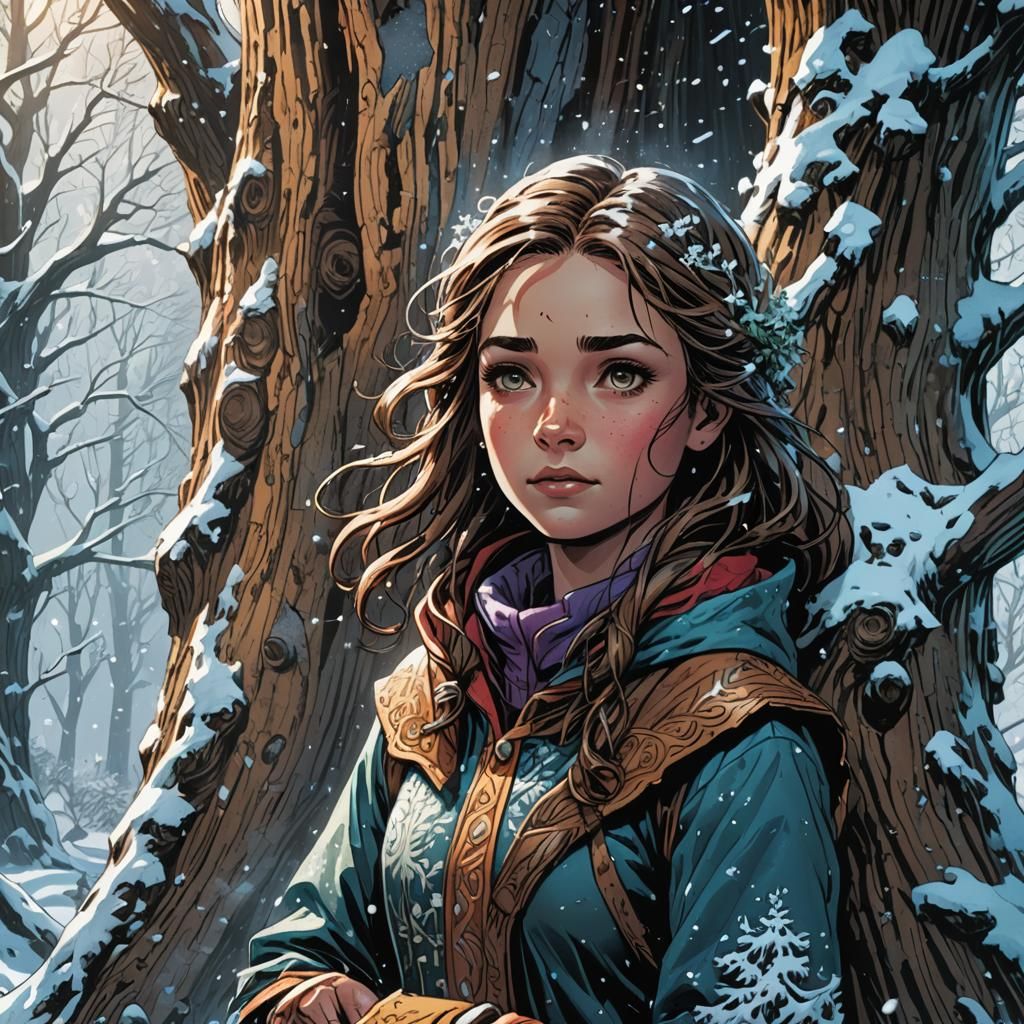 Girl Emerges into Winter Wonderland: Comic Book Art