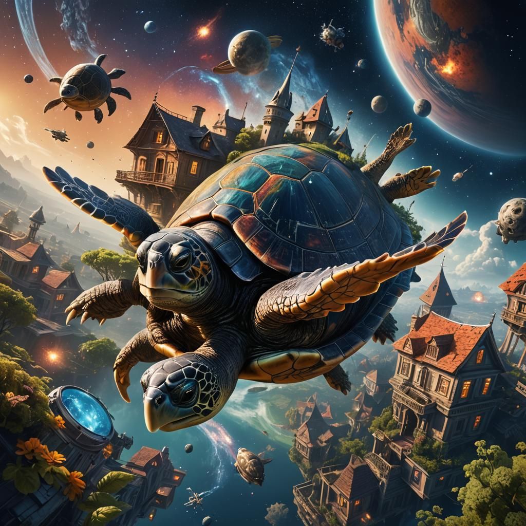 Turtle Flying in Space: Detailed Fantasy Art