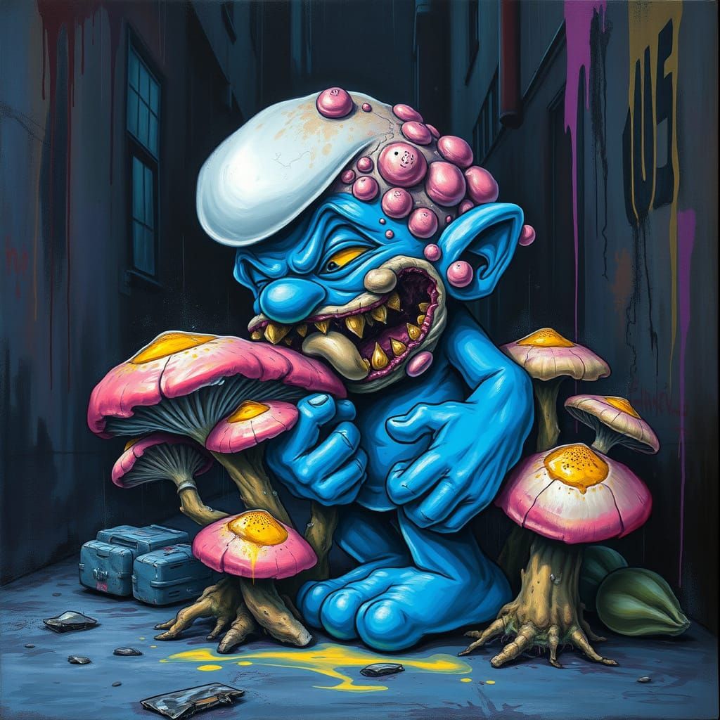 Mutated Smurf Devours Glowing Mushrooms in Dark Alleyway