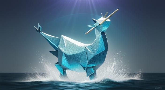 Ethereal Origami Narwhal in Iridescent Papercraft Style