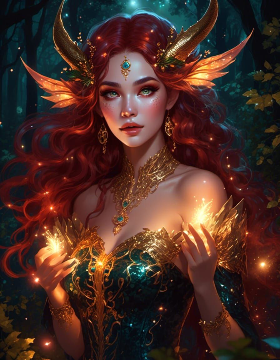 Dragon-Fae Woman Portrait in Fairycore Art Style