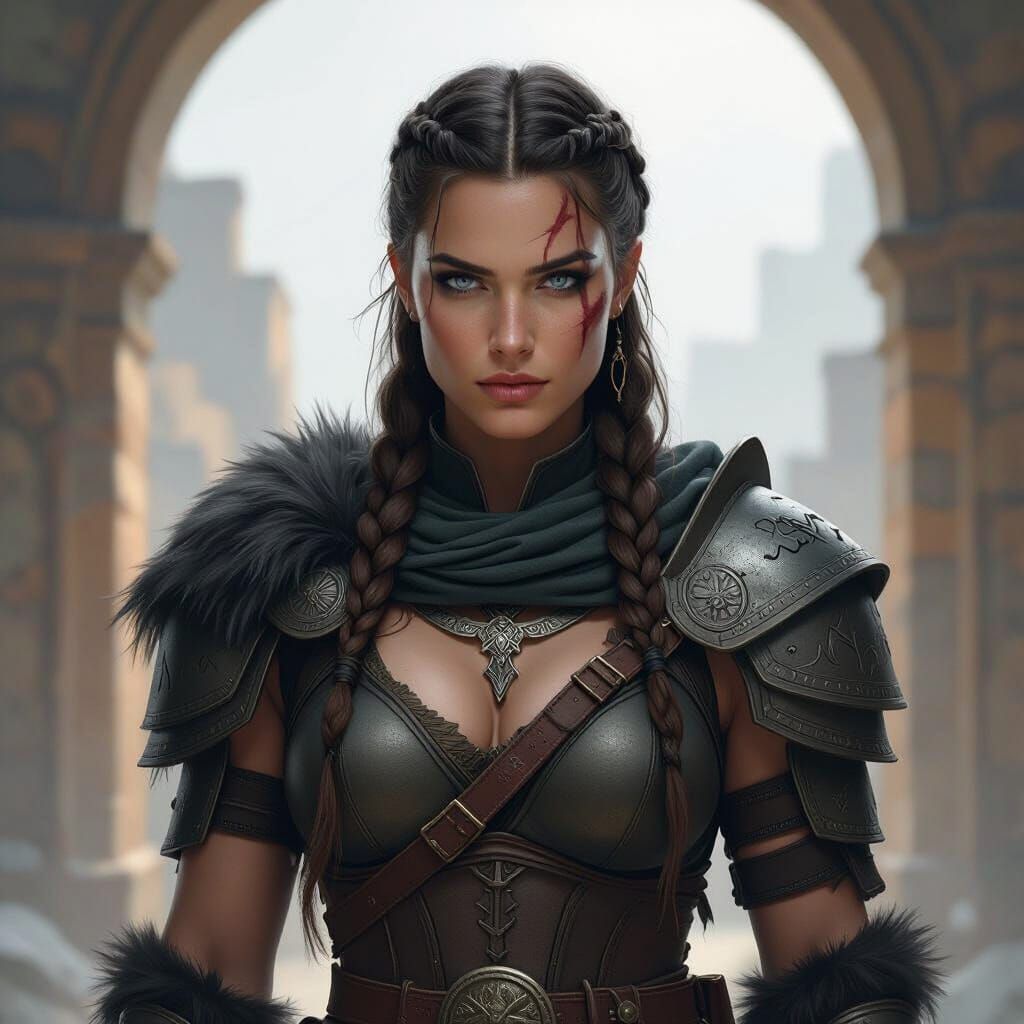 Towering Warrior Woman with Runes and Gauntlets