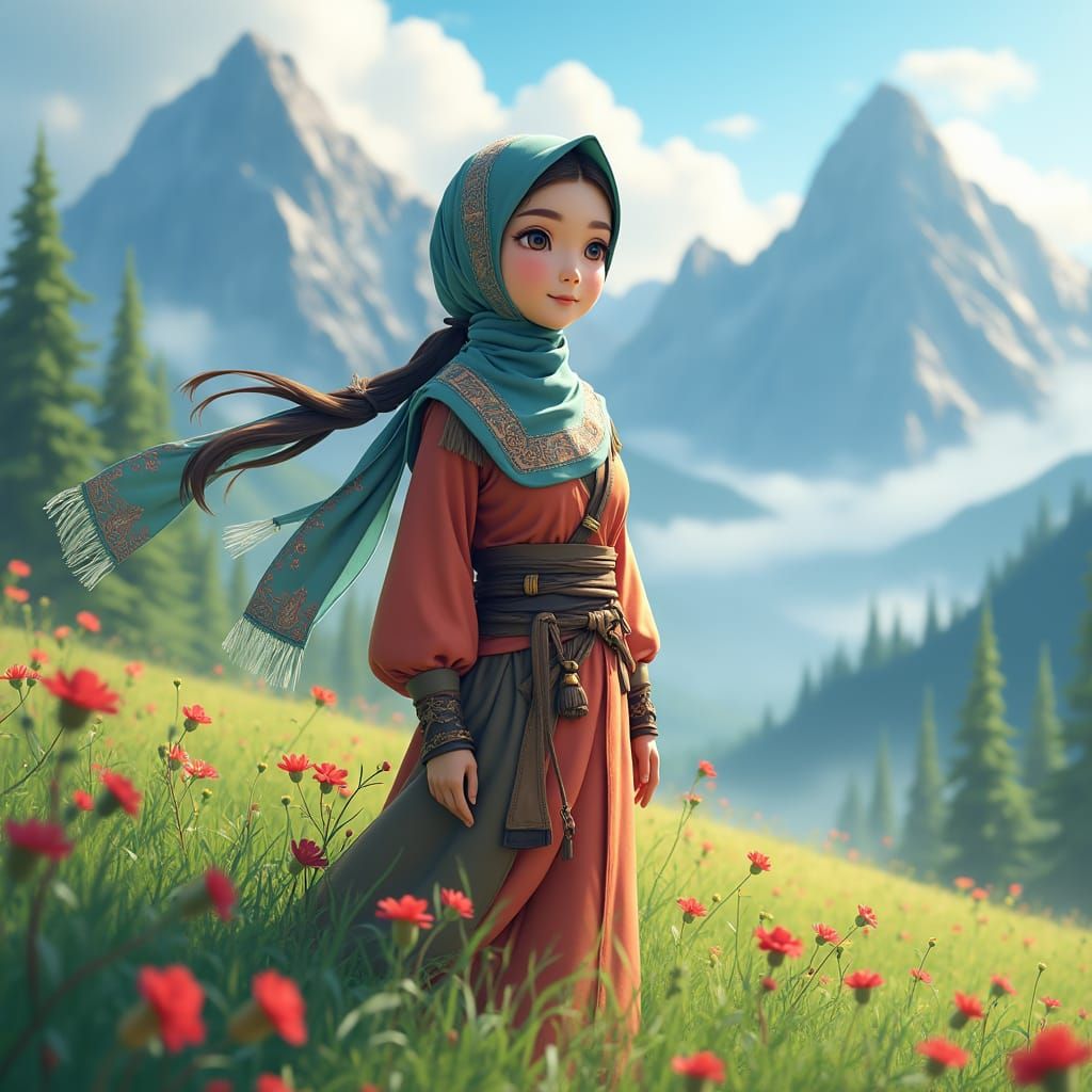 Young Woman in Hijab in Mountain Meadow, Anime Style