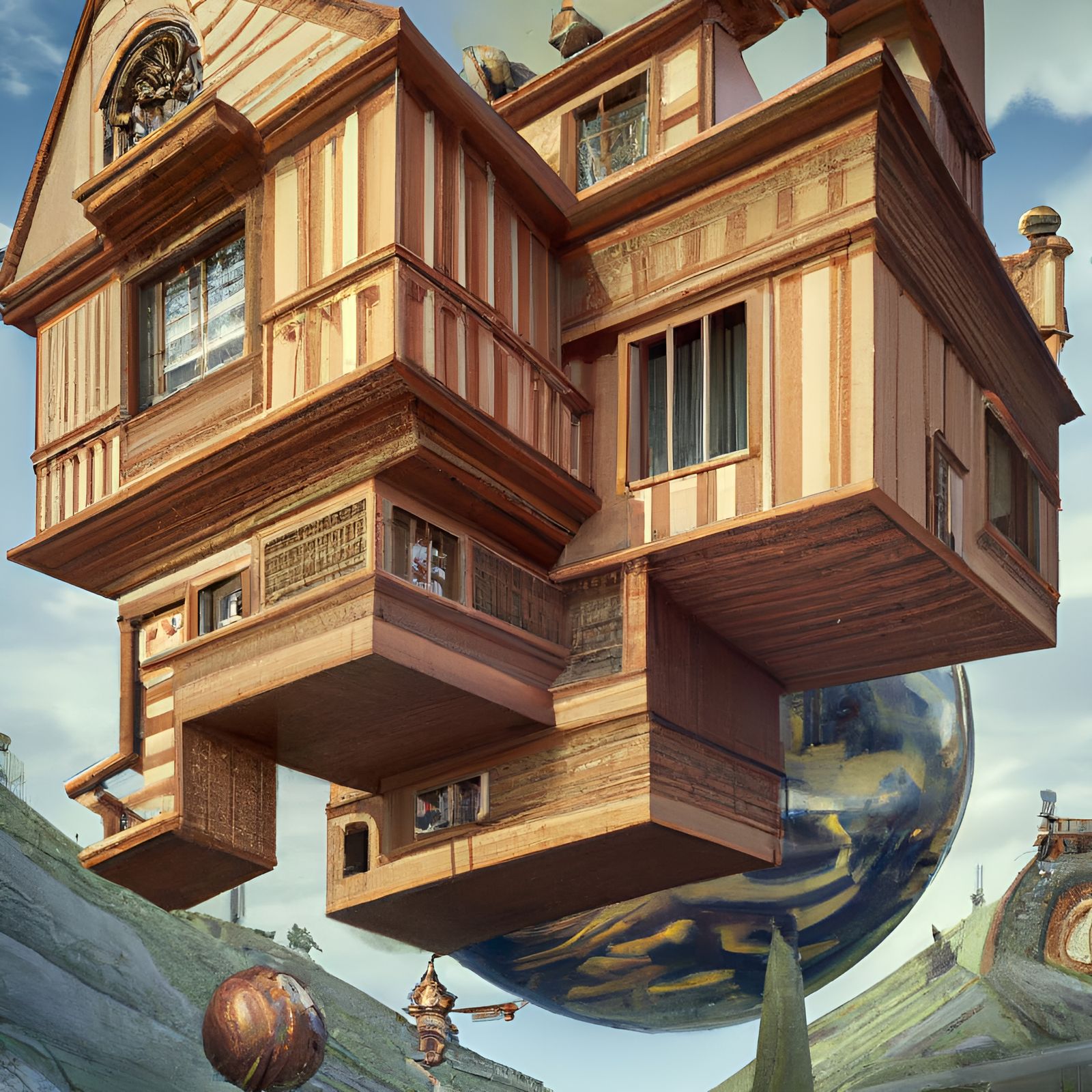 Surreal Floating Wooden House in Dark Fantasy Style