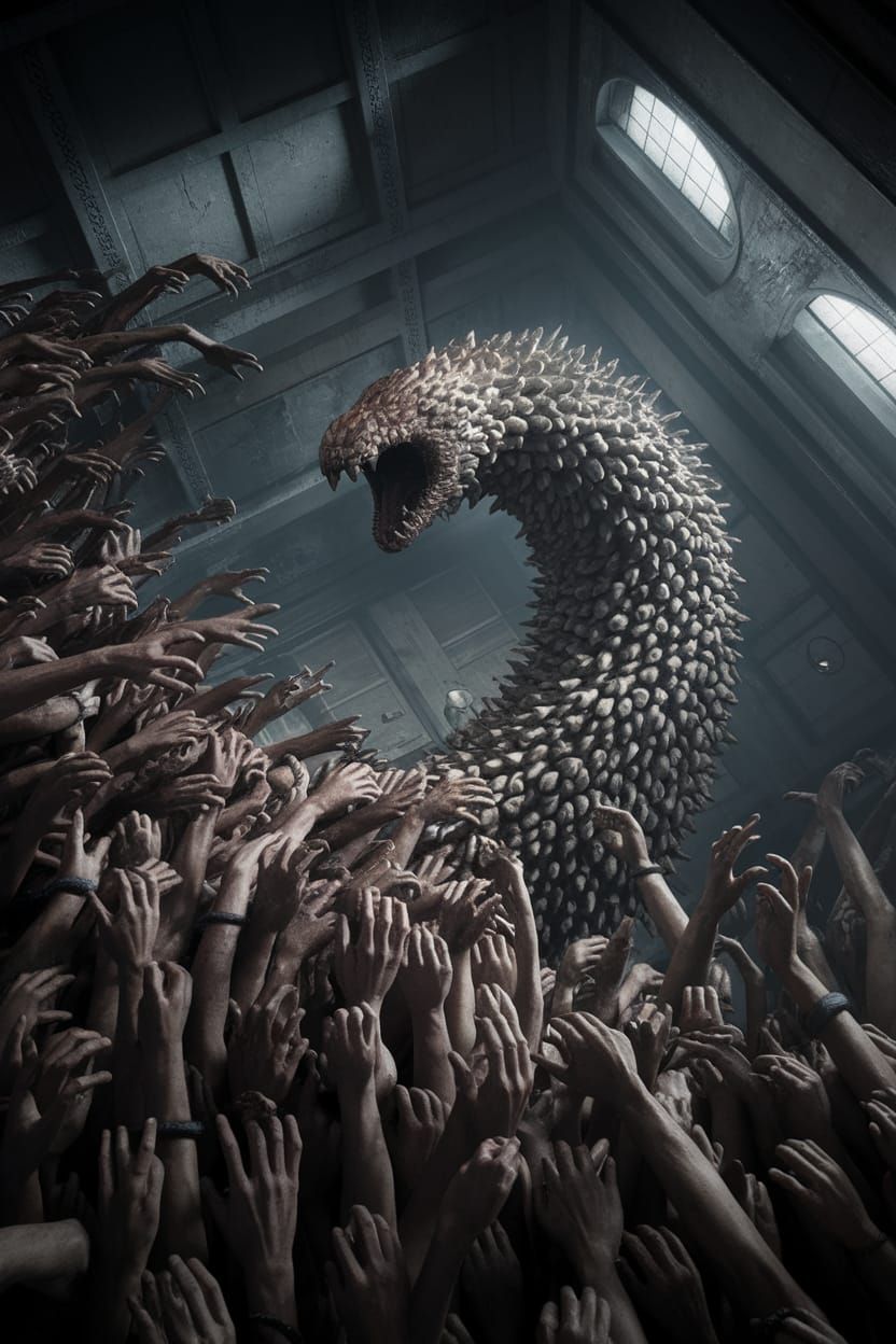 Surreal Horror Scene: Serpentine Creature Emerges in Abandon...