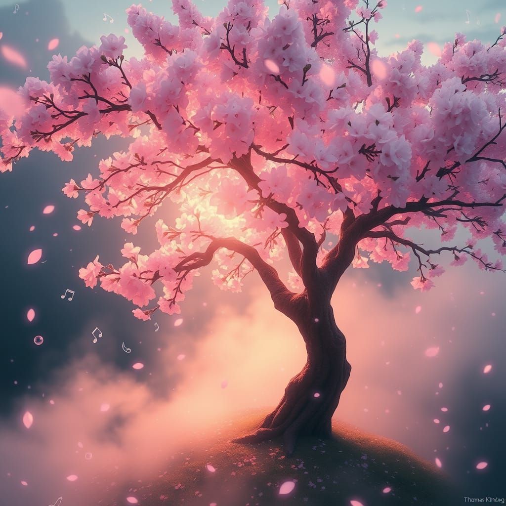 Ethereal Cherry Blossom Tree with Bubbles