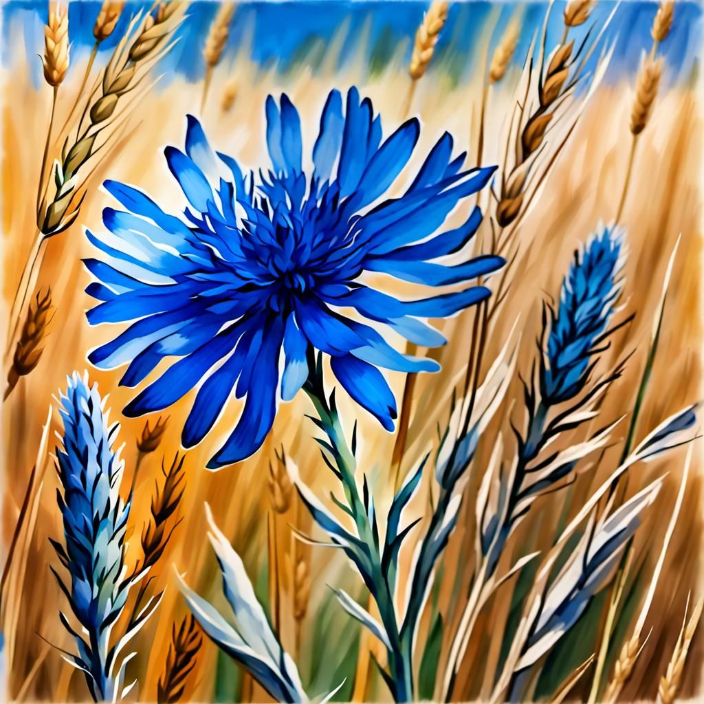 Botanical ink drawing of a delicate blue cornflower in a whe...