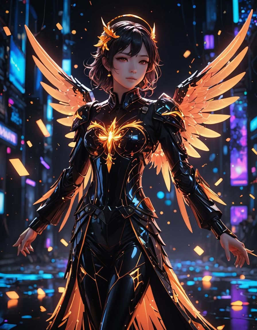 Neon Angel in Shattered Glass Ballroom: Anime Art