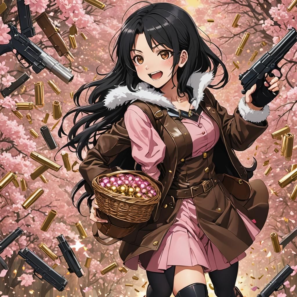 Menacing Girl with Golden Rain of Bullets