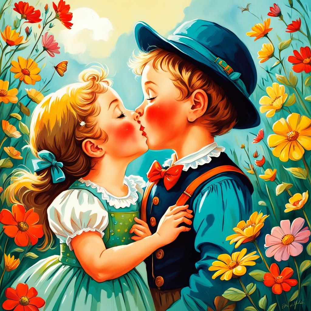 Adorable Nursery Rhyme Illustration: Boy Kisses Girl