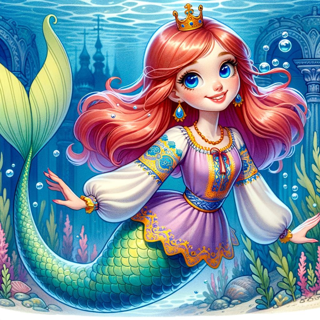 Royal Mermaid in Ukrainian Vyshyvanka with Vibrant Green Tai...