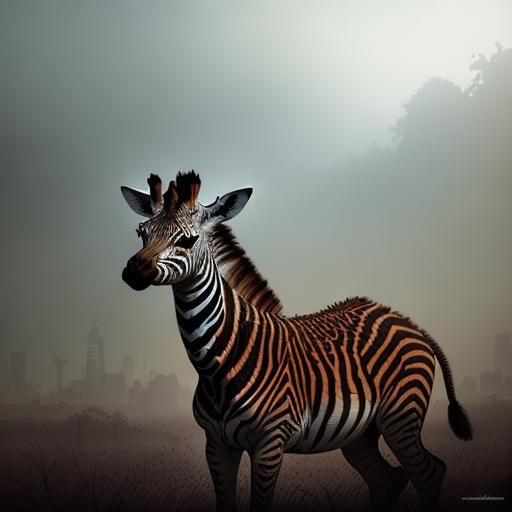 Zebra Giraffe in Savannah, Digital Art Style