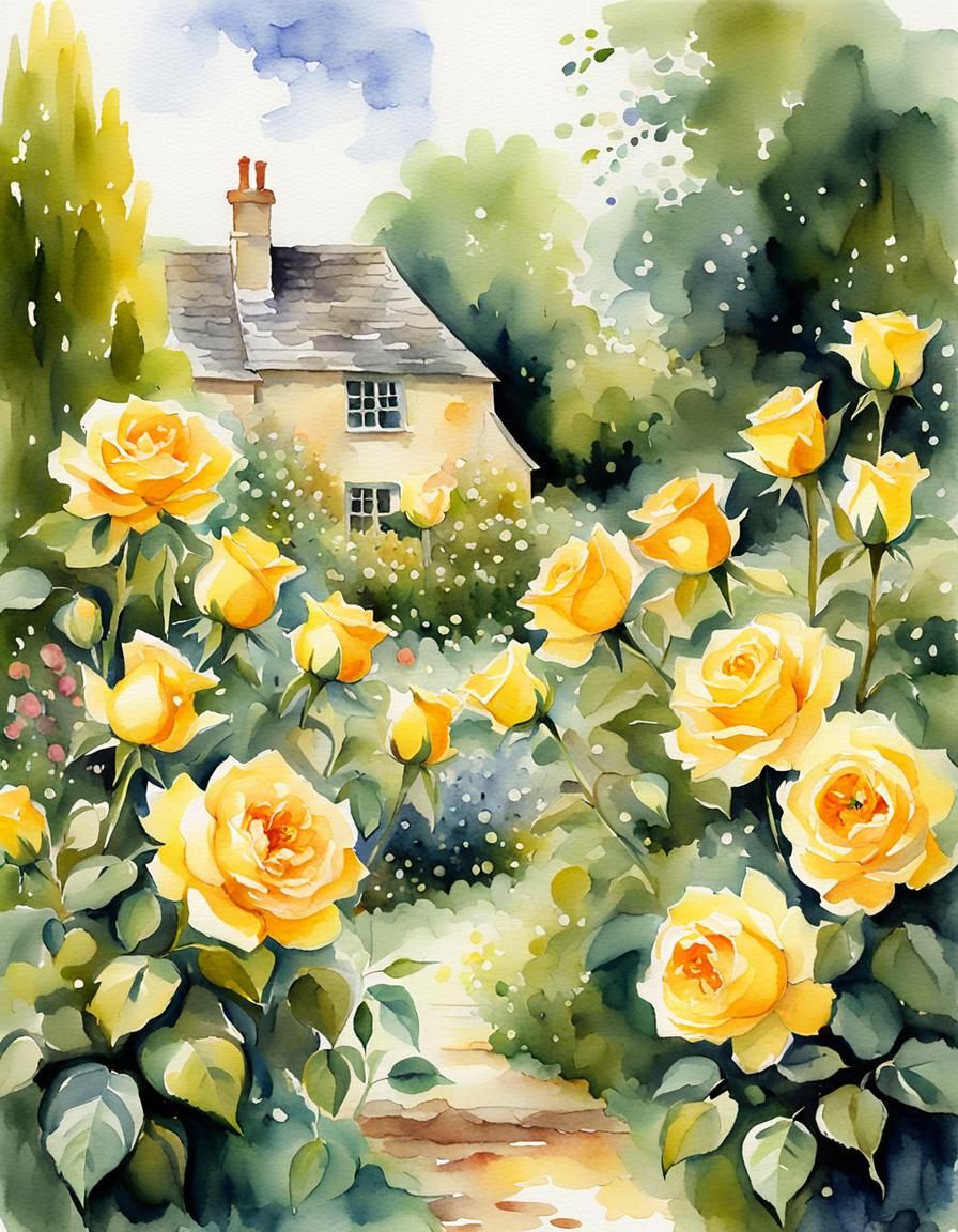 Yellow Roses in Cotswold Garden, Watercolor Painting