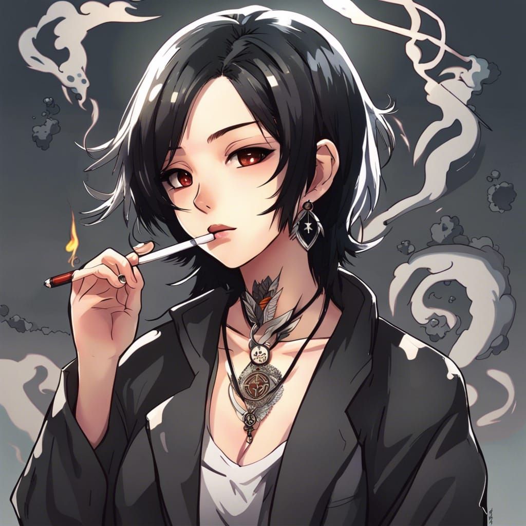 Anime Girl with Dragon Tattoo Smoking Cigarette