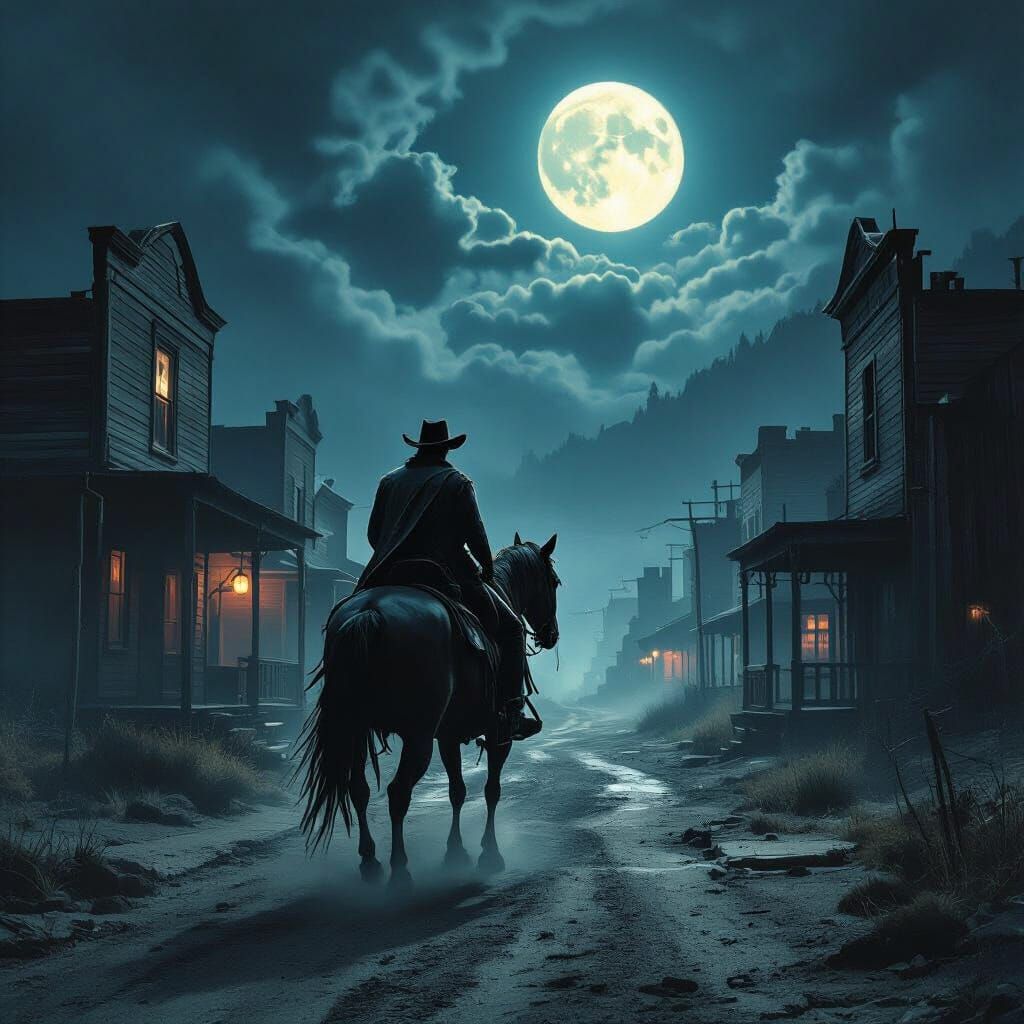 Cowboy Rides Through Ghost Town in Dark Fantasy Style